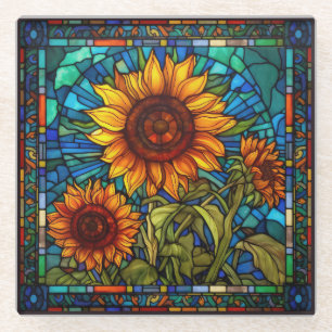 Art Nouveau Glas in lood Zonnebloem Glazen Onderzetter