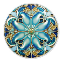 Art Nouveau Gold Aqua Blue Geometrisch Keramische Knop
