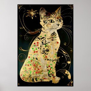  Art Nouveau Golden Cat op zwart Poster