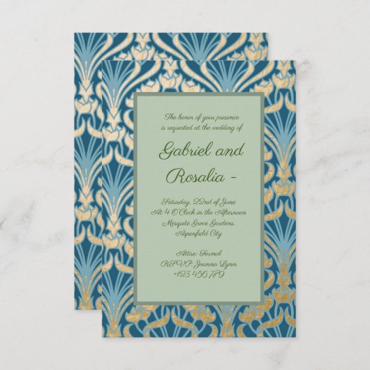 Art Nouveau, goud, blauwgroen, vouw, bloemkool, pa Save The Date (Voorkant / Achterkant)