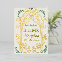 Art Nouveau Goud Groen Botanisch Save the Date
