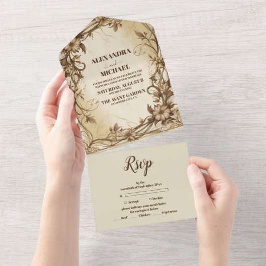 Art Nouveau Gouden Botanische Huwelijk All In One Uitnodiging (Afscheurbaar)