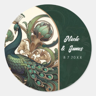 Art Nouveau Groene Smaragd Antieke Pauw Trouwfeest Ronde Sticker