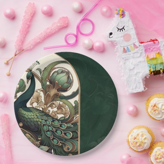 Art Nouveau Groene Smaragd Peacock Bruiloft Papieren Bordje (Feest)