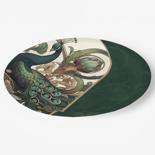 Art Nouveau Groene Smaragd  Peacock Bruiloft Papieren Bordje (Gekanteld)