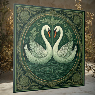 Art Nouveau Groene Zwaan Minnende Paren Ethische M Tegeltje