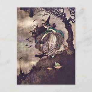Art Nouveau Heks Onder Boom met Kat Kikker Bezem Briefkaart