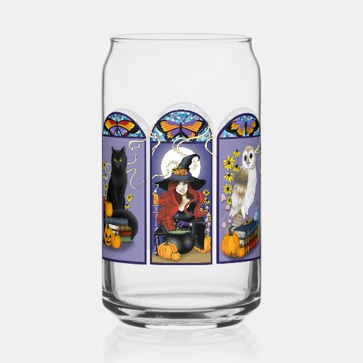 Art Nouveau Heks Uil Kat Halloween Blikvorm Glas (Voorkant)