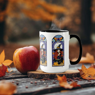 Art Nouveau Herfst Heks Pompoenen Paarse Maan Mok