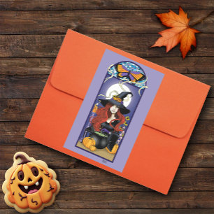 Art Nouveau Herfst Heks Pompoenen Paarse Maan Rechthoekige Sticker