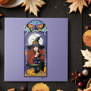 Art Nouveau Herfst Heks Pompoenen Paarse Maan Tegeltje