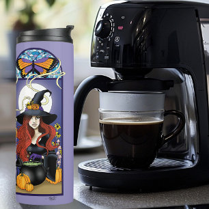 Art Nouveau Herfst Heks Pompoenen Paarse Maan Thermosbeker