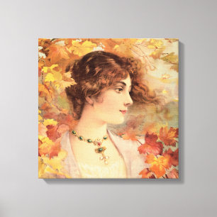 Art Nouveau Herfst Vrouw Gouden Loof Print