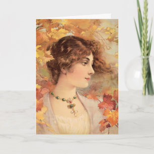 Art Nouveau Herfst Vrouw Gouden Loof Print Feestdagen Kaart