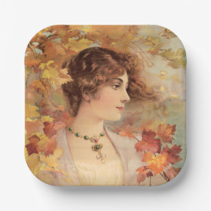 Art Nouveau Herfst Vrouw Gouden Loof Print Papieren Bordje