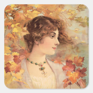 Art Nouveau Herfst Vrouw Gouden Loof Print Vierkante Sticker