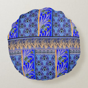 Art nouveau iris elegant  bloemenblauw goud rond kussen