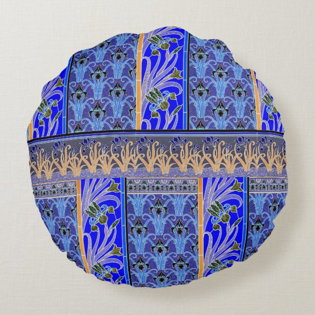 Art nouveau iris elegant  bloemenblauw goud rond kussen (Achterkant)