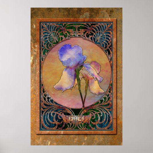 Art Nouveau Irises in een Coppery Mucha-Lijst Poster (Voorkant)