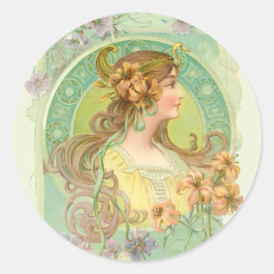 Art Nouveau Jonge Vrouw Meisje met Sterren Bloemen Ronde Sticker