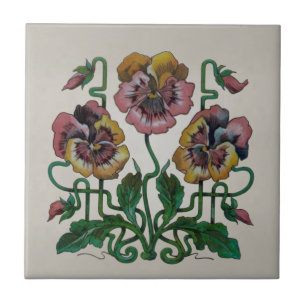 Art Nouveau Jugendstil Pink Pansies Repro Antiek Tegeltje