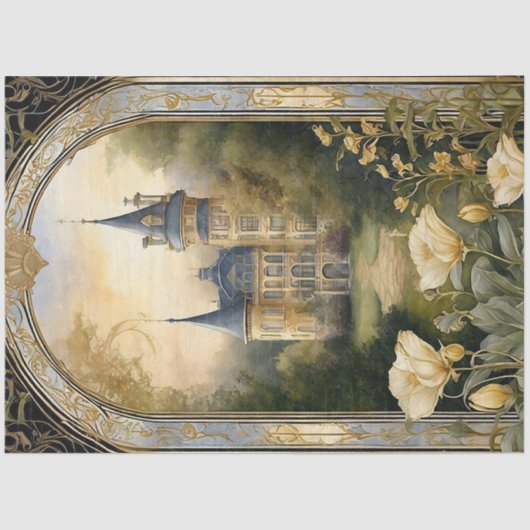 Art Nouveau Kasteel Bloemblauw n Goud Ephemera 2B Tissuepapier (Voorkant)