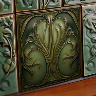 Art Nouveau keramiektegel met groene wervelingen Tegeltje