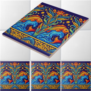 Art Nouveau Koi Vissen & Bloemen Fries Patroon Tegeltje