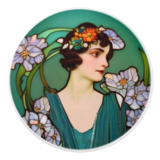 Art Nouveau Lady en Flowers - Groen en Lila Keramische Knop (Voorkant)