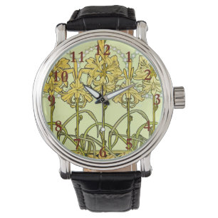 Art Nouveau leliepatroon van Alphonse Mucha in vin Horloge