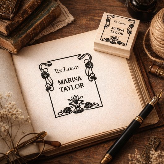Art nouveau lily frame ex libris rubberstempel