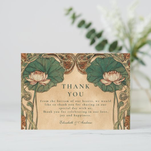 Art Nouveau Lotus Bloemen Huwelijk Bedankkaart (Staand voorkant)