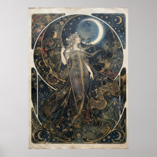 Art Nouveau Maan Godin Vrouw Hemels Bloemmotief Po Poster