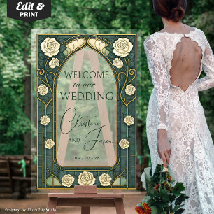 Art Nouveau Mariage Bienvenue Verre Teinté Vert