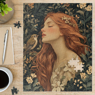 Art Nouveau Meisje Bloemrijke Vogel Fijne Kunst Legpuzzel