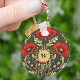 Art Nouveau Monogram Oude Klaprozen Goud Rood Sleutelhanger
