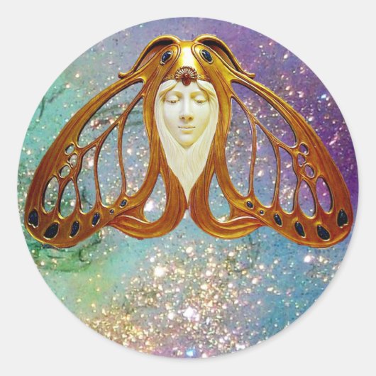 ART NOUVEAU MOTH WOMAN IN GOUDEN BLAUWE SPARKLES RONDE STICKER (Voorkant)