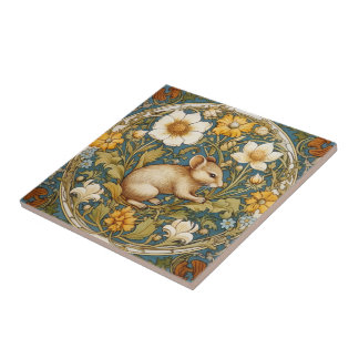 Art nouveau muis en bloemen tegeltje