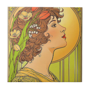 Art-nouveau Muze met lentebloemen Tegeltje