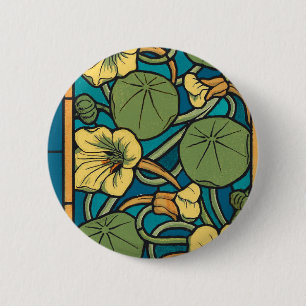 Art Nouveau Nasturtium Blauw Goud bloemig Verneuil Ronde Button 5,7 Cm