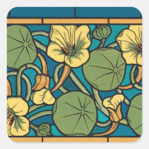 Art Nouveau Nasturtium Blauw Goud bloemig Verneuil Vierkante Sticker