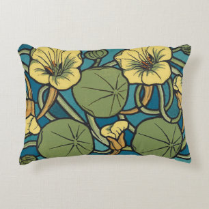 Art Nouveau Nasturtium Blauwe Gouden bloem Verneui Accent Kussen