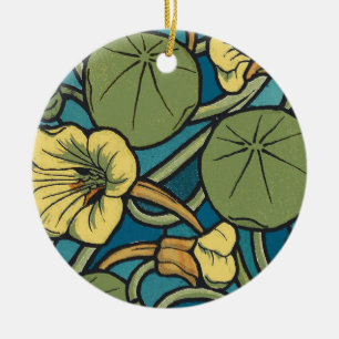 Art Nouveau Nasturtium Blauwe Gouden bloem Verneui Keramisch Ornament