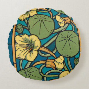 Art Nouveau Nasturtium Blauwe Gouden bloem Verneui Rond Kussen