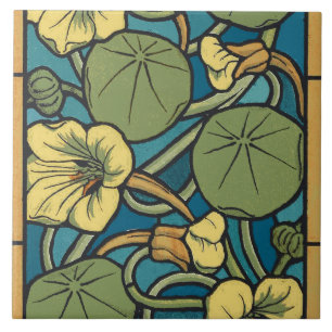 Art Nouveau Nasturtium Blauwe Gouden bloem Verneui Tegeltje