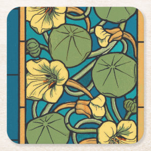 Art Nouveau Nasturtium Blauwe Gouden bloem Verneui Vierkante Kartonnen Onderzetter