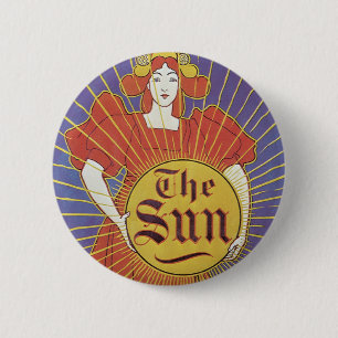 Art Nouveau, New York Sun Newspaper Ronde Button 5,7 Cm