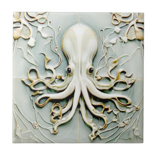 Art Nouveau Octopus Faux Relief Gold & Mint Pastel Tegeltje