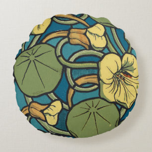 Art Nouveau Oost-Indische Kers Blauw Goud bloemig Rond Kussen
