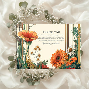 Art Nouveau Oranje Bloemen Bruiloft Bedankkaart